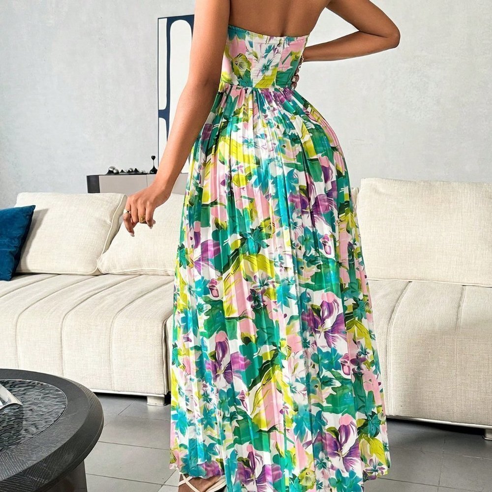 Multicolor Boho Womens Floral Printed Hollow Out Pleated Strapless Dress - Picture 3 of 5